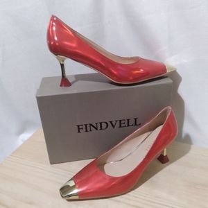 Findvell Heels Womens Size 9.5 Red Gold Square Toe Kitten Heel Nwt